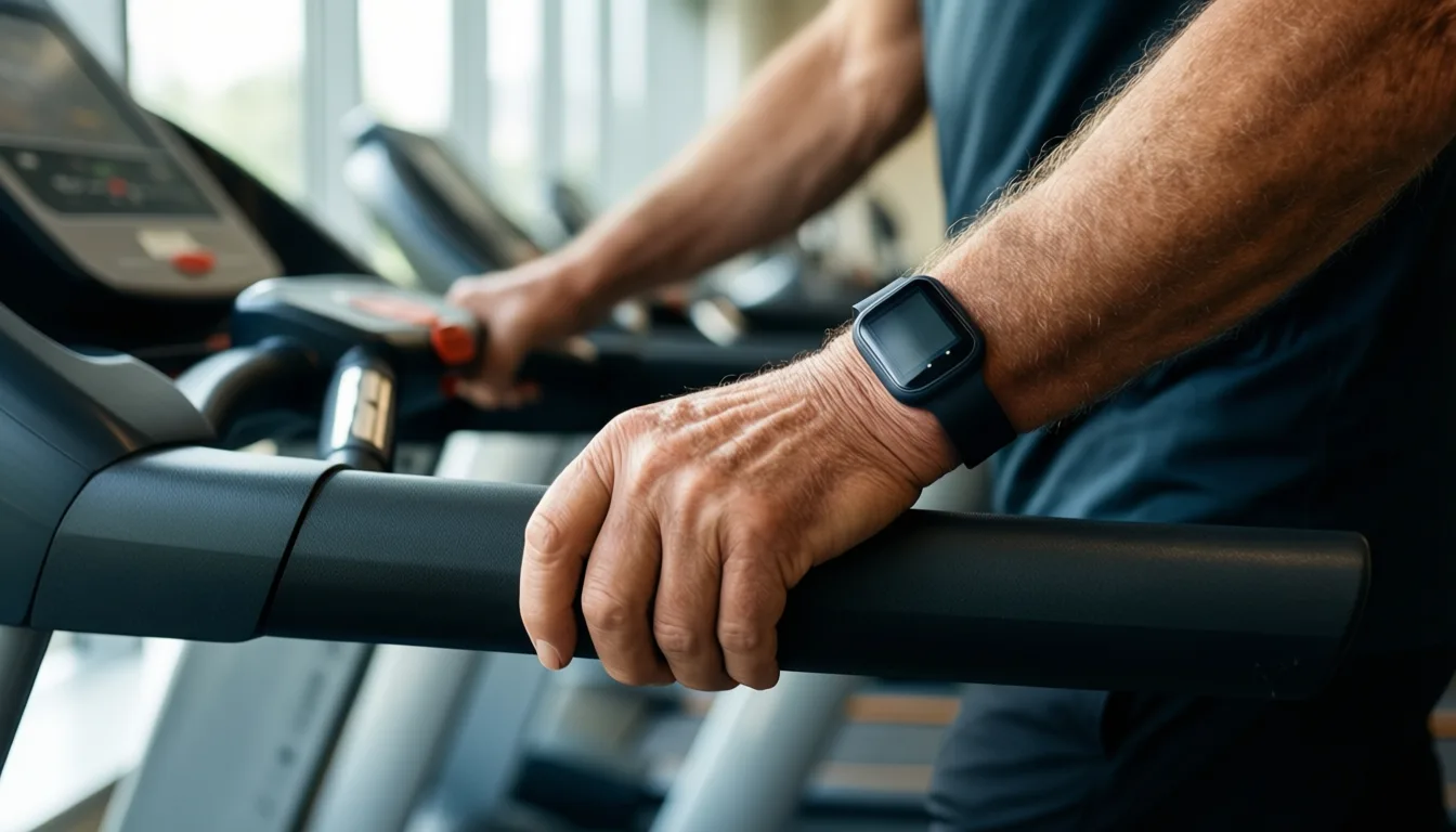 Older adult's hands on a treadmill in a research setting