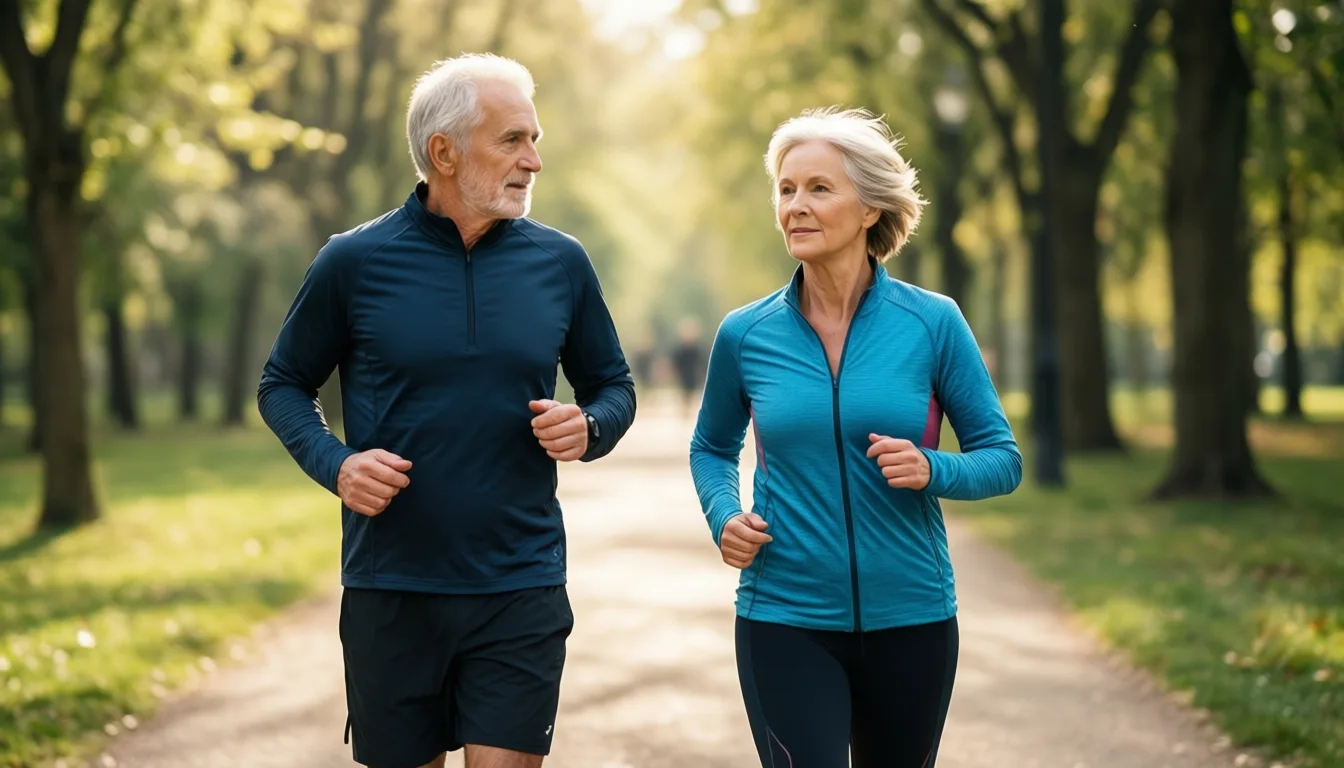 Two older adults walking briskly on a park path