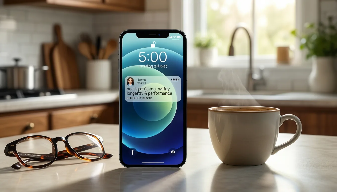 A smartphone on a kitchen counter displaying a text message notification next to a coffee mug