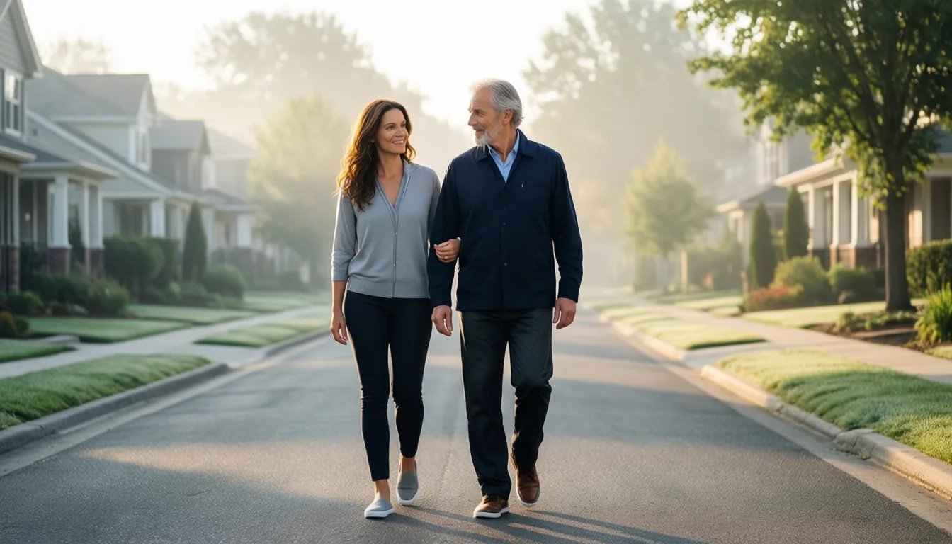 An adult daughter walking with her elderly father on a quiet street in the early morning