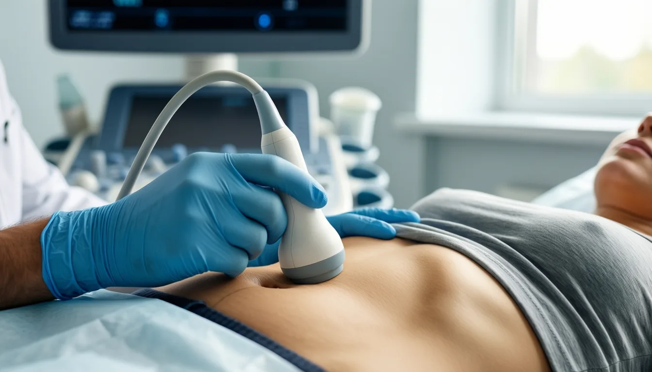 A clinician using a portable ultrasound on a patient's abdomen before surgery.