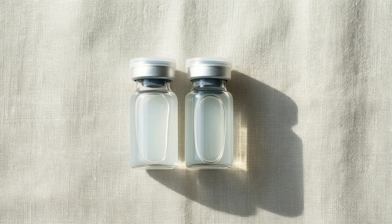 Two unlabeled medical vials side by side on linen