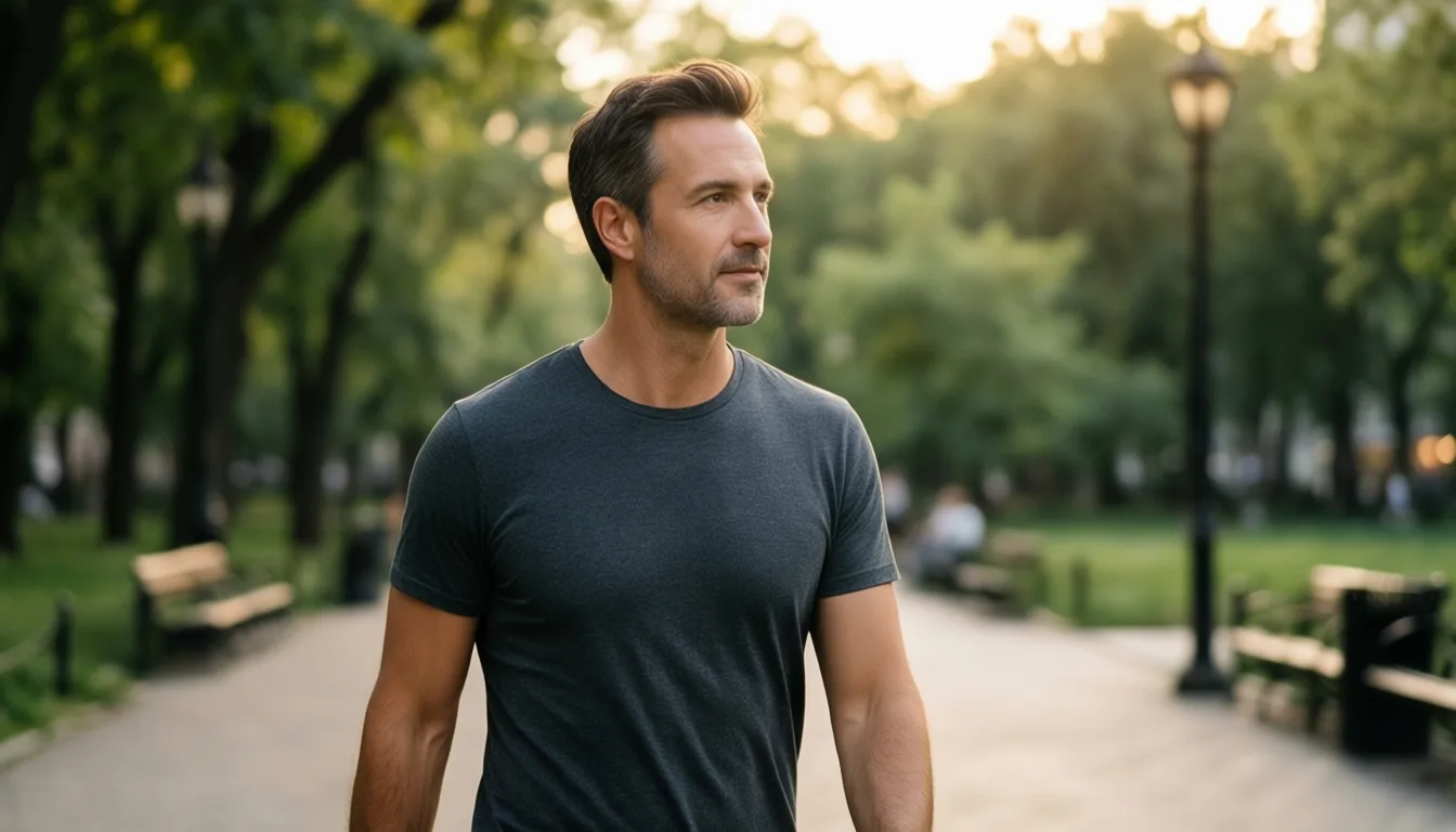 A man in his early forties walking through a park at golden hour