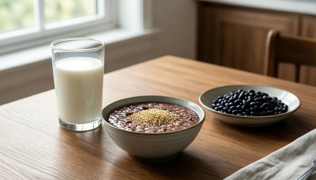 A breakfast table with milk, sorghum porridge, and black beans in soft morning light.