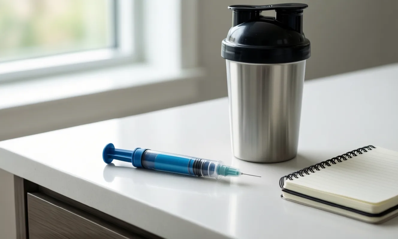 A GLP-1 injector pen on a countertop next to a shaker bottle and a training notebook