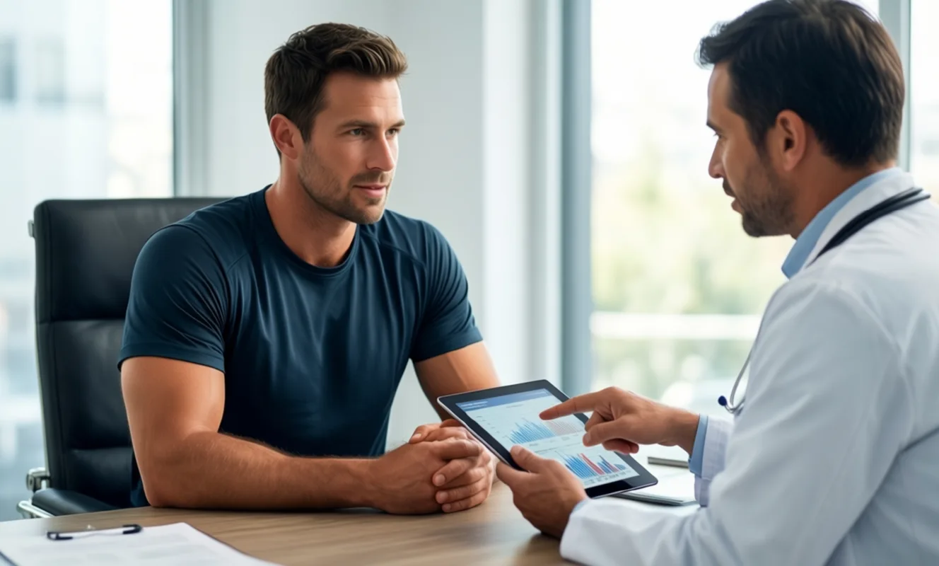 A man in athletic wear talking with a physician at a clinic desk