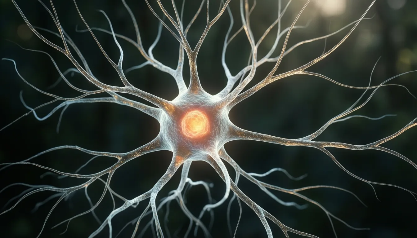 A neuron with an elaborate branching structure isolated against a dark background