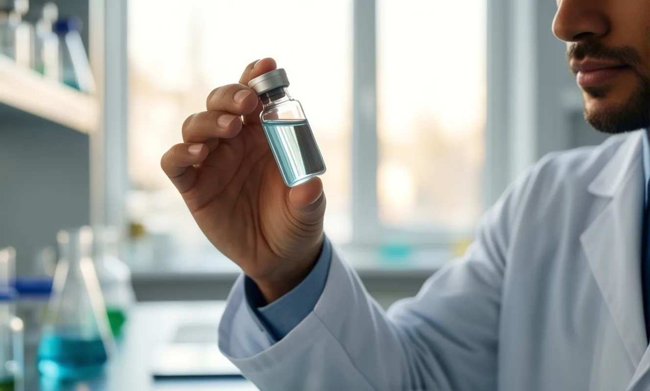 researcher holding a small vial to the light in a laboratory