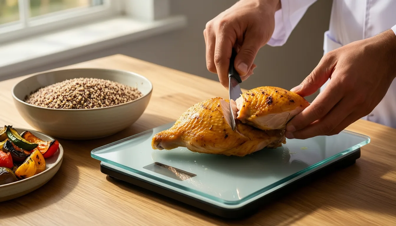 Hands weighing chicken on a kitchen scale beside quinoa and vegetables