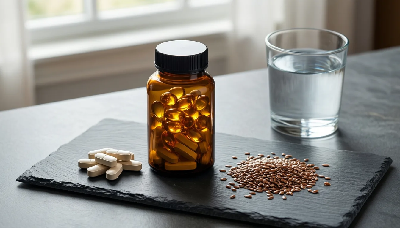 Vitamin D3 softgels, magnesium tablets, and flax seeds arranged on a counter