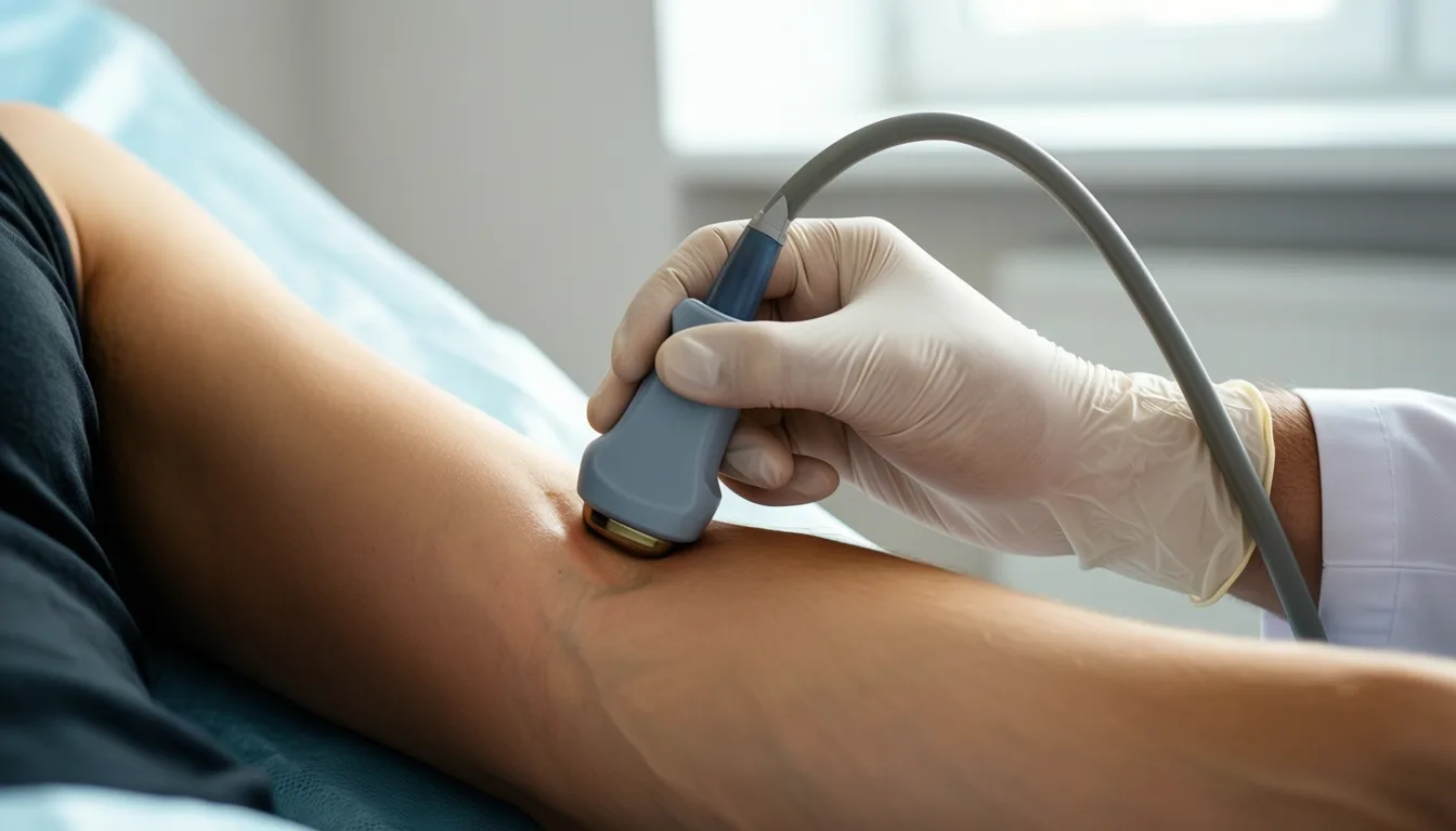 A clinician performs a brachial artery ultrasound during a flow-mediated dilation test