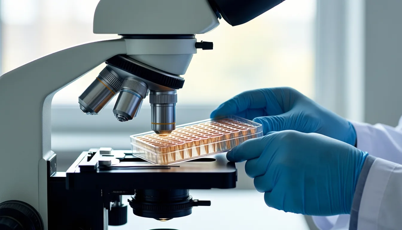Researcher loading a cell culture plate under a microscope