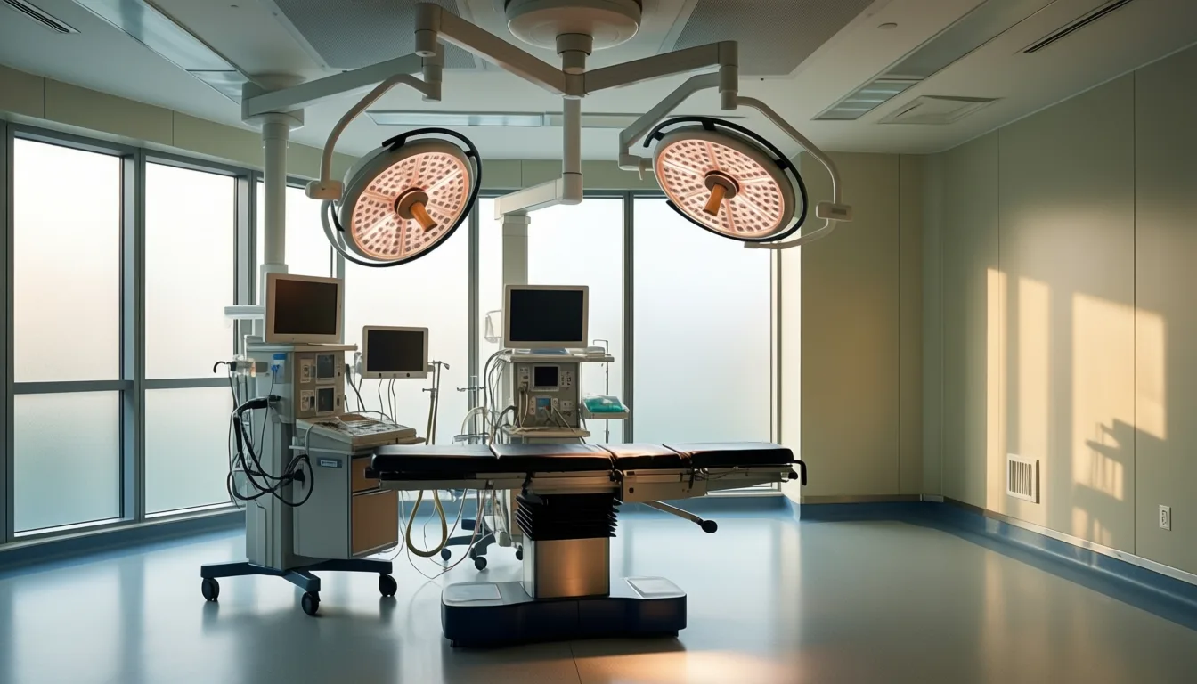 A quiet, empty modern operating room in soft morning light