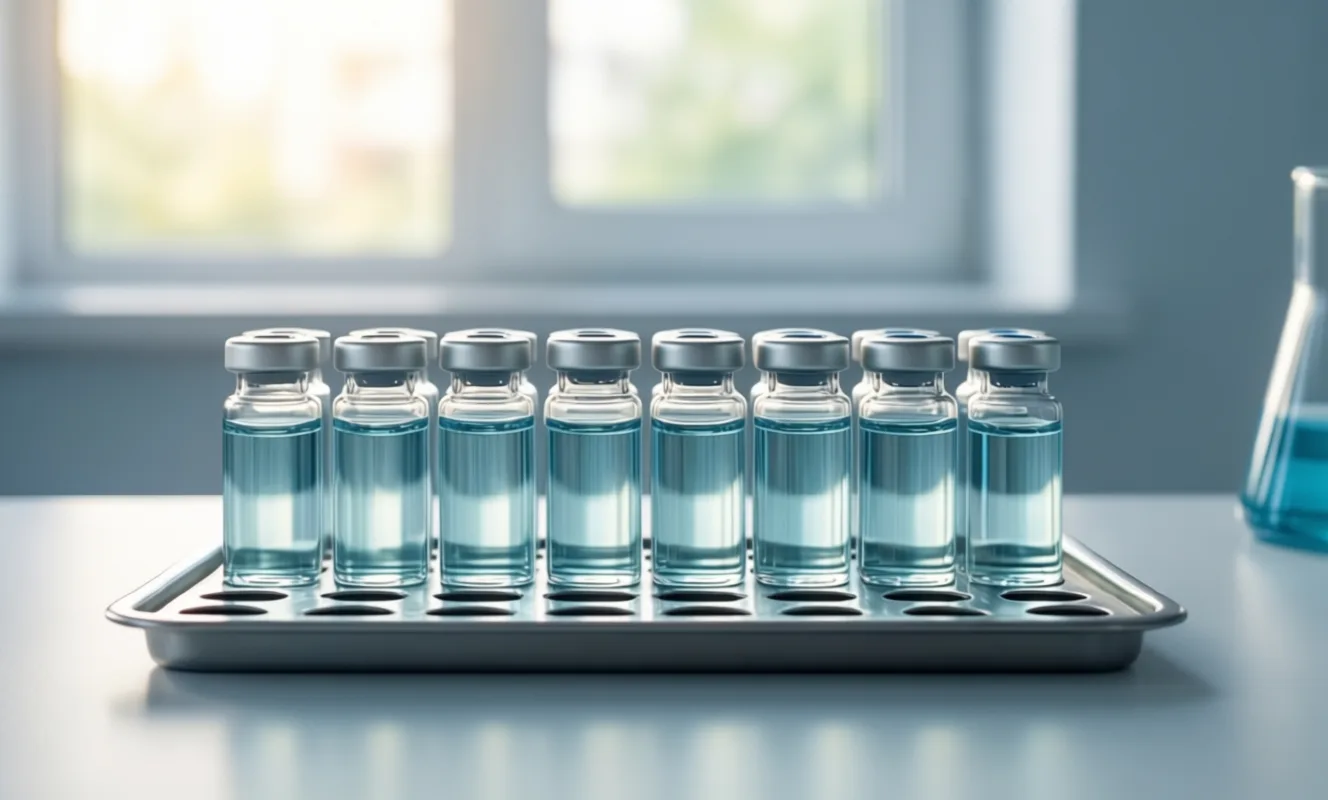 A row of glass vials at varying fill levels on a clinical tray
