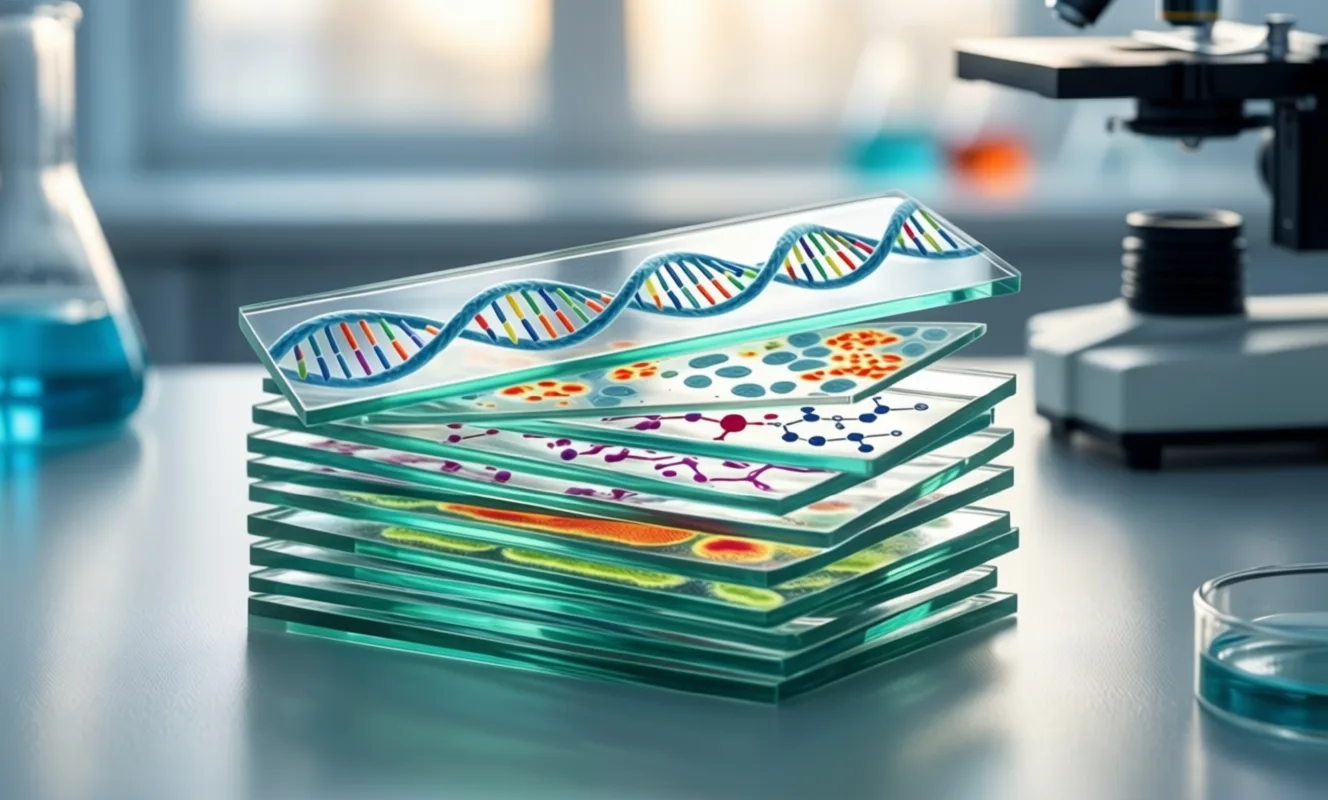 Layered glass slides showing different biological data types stacked into a composite image