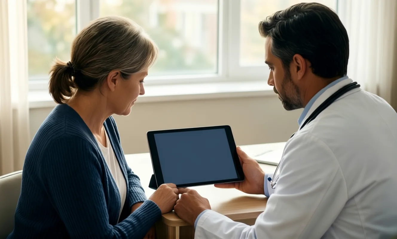 Doctor and patient reviewing health data on a tablet in a consultation room