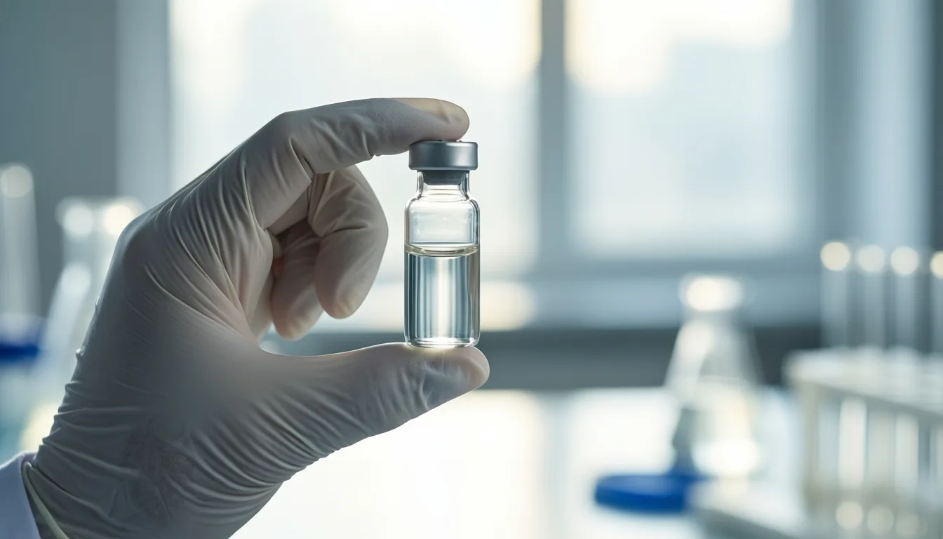 A gloved hand holding a small vial in a laboratory.