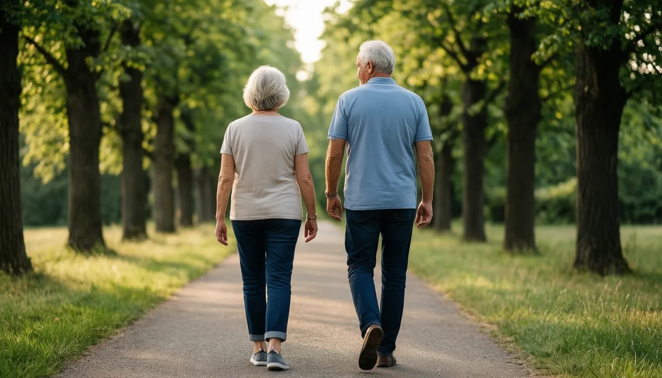 An older couple walking together on a tree-lined path.