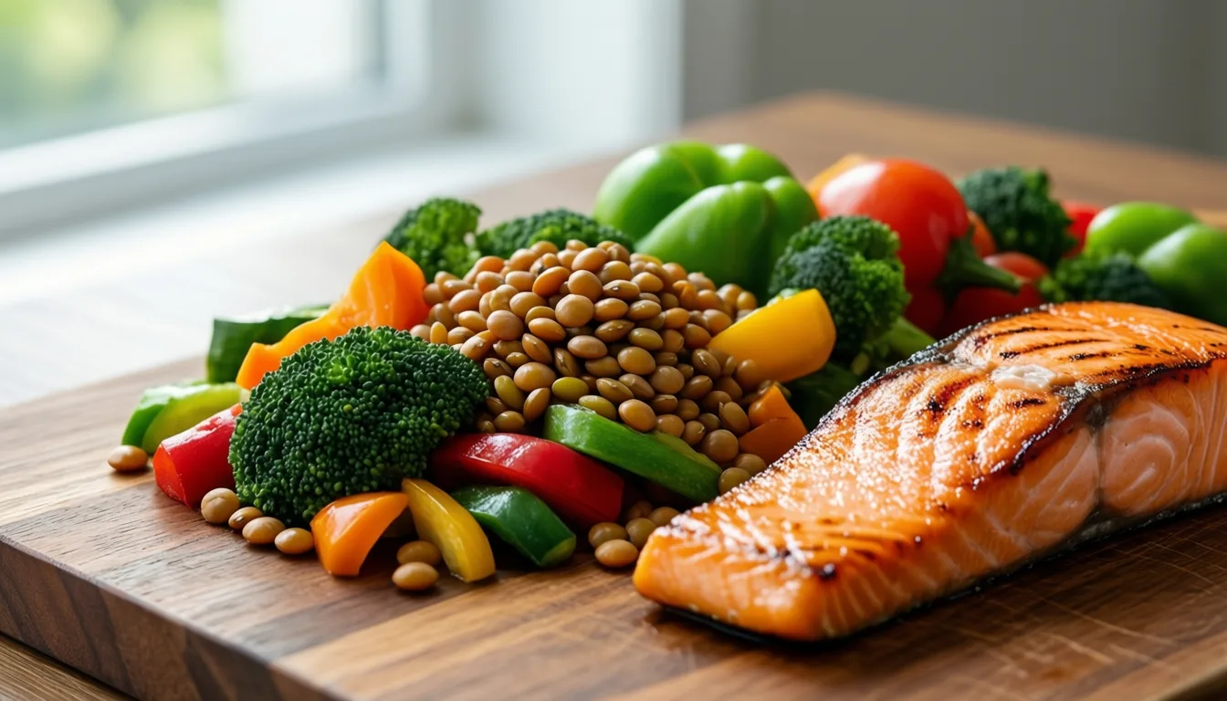 A cutting board with vegetables, lentils and grilled salmon