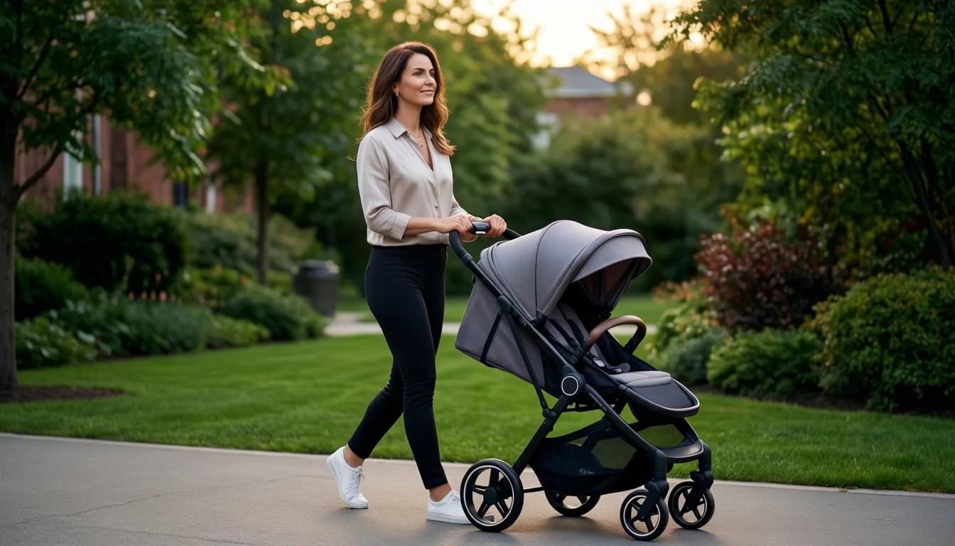 A parent walking outdoors with a stroller