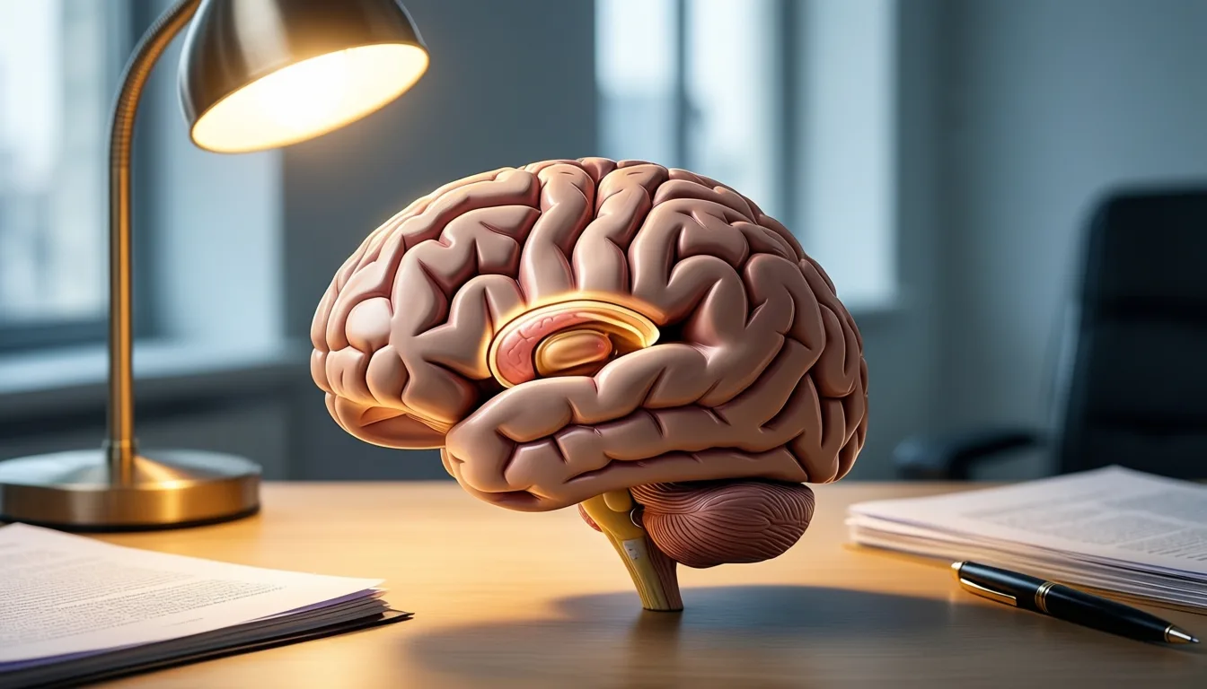 Anatomical brain model on a desk under warm lamp light