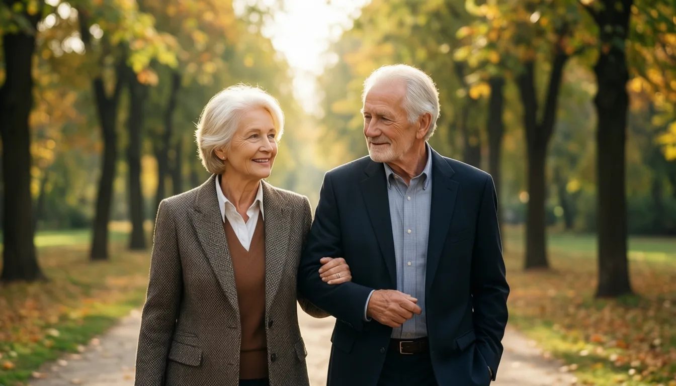 Elderly couple walking together through an autumn park