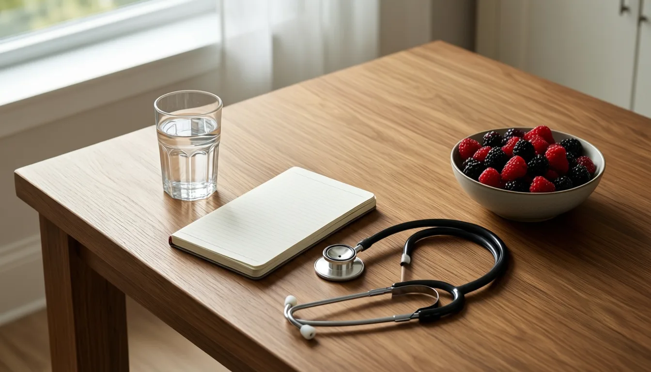 An overhead view of a kitchen table with water, a notebook, a stethoscope, and berries.