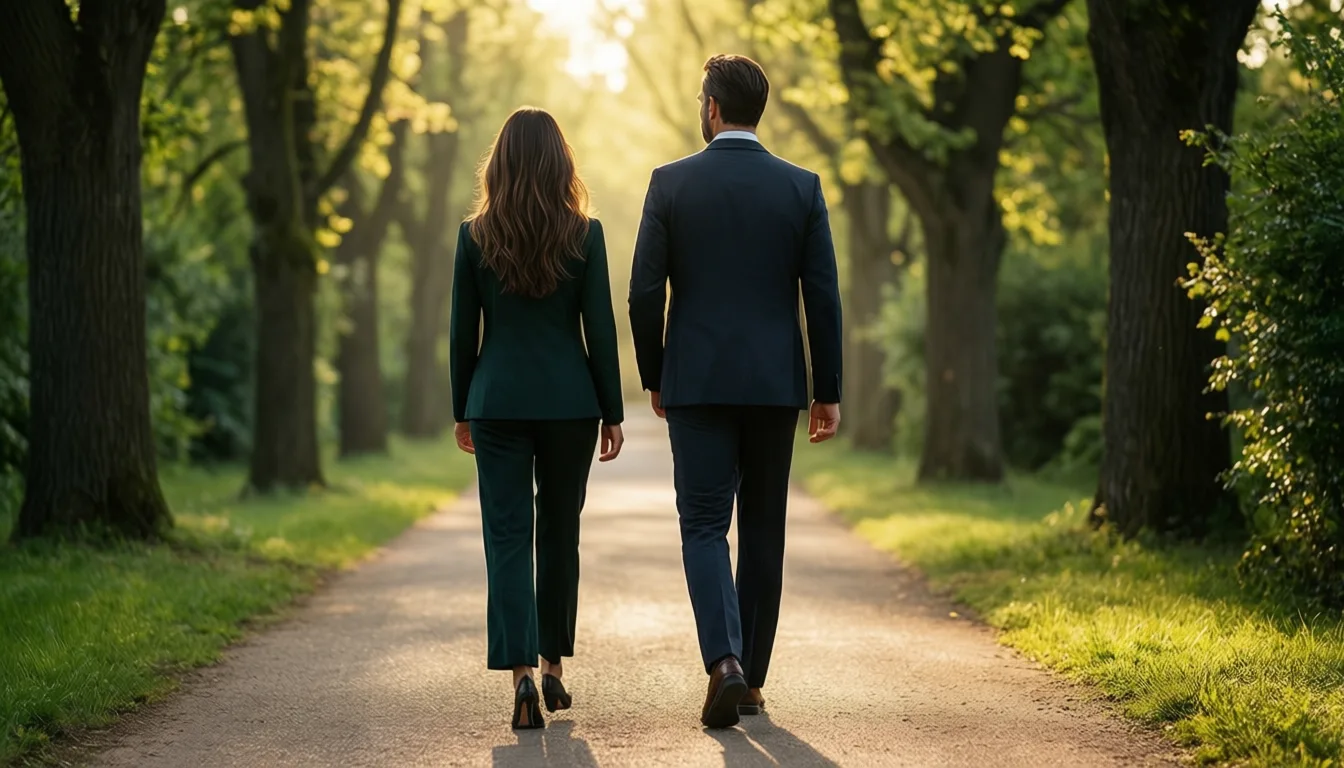 Two people walking a tree-lined path at sunset