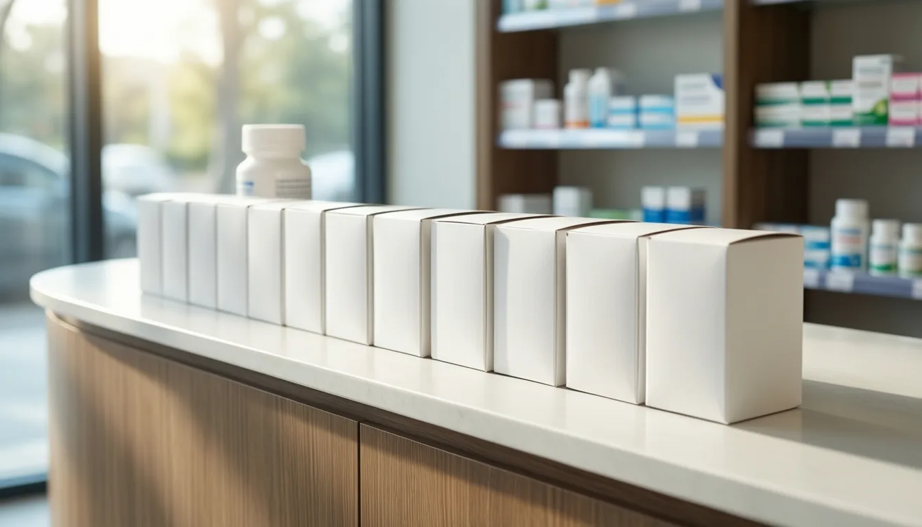 Row of unbranded prescription boxes on a pharmacy counter