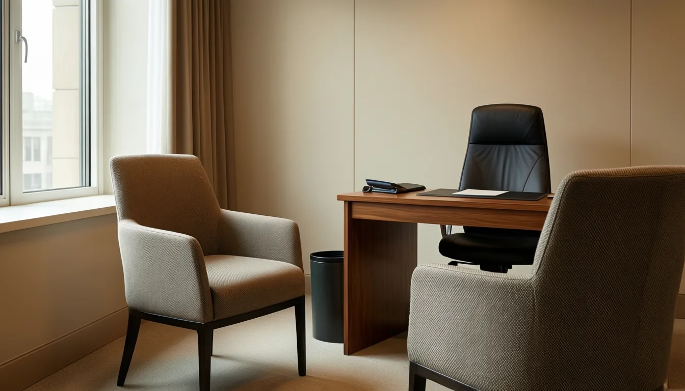 Empty consultation room with two chairs