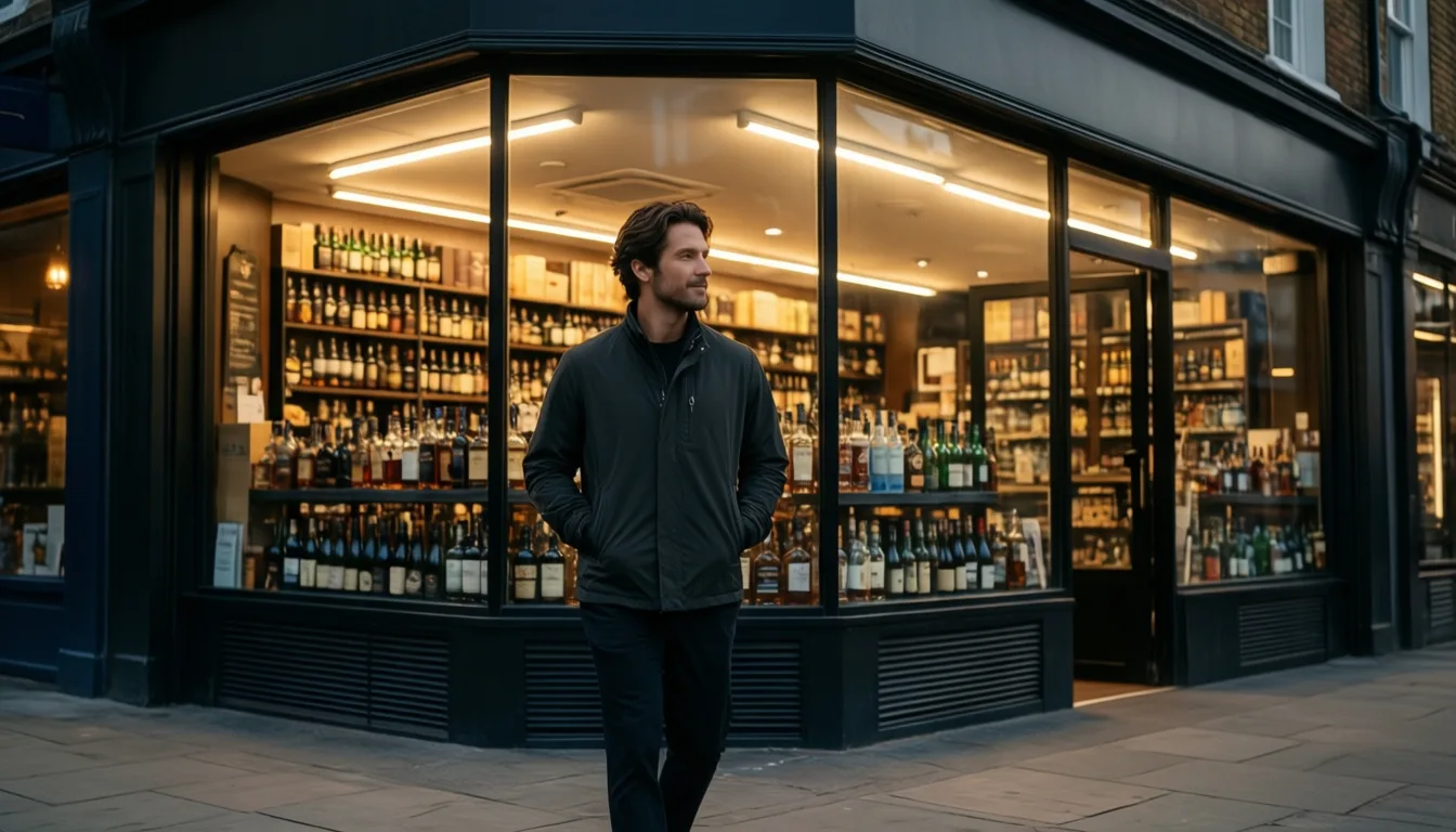 A person walking past a storefront at dusk