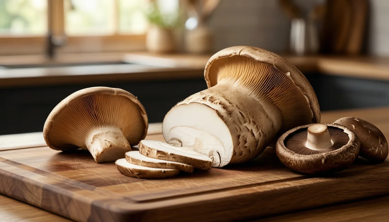 Hands slicing king oyster and shiitake mushrooms on a wooden board