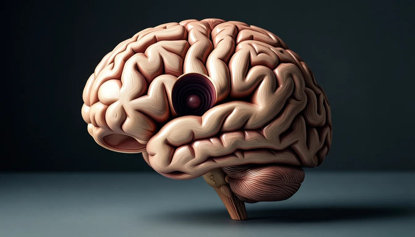 Sculpted human brain illuminated from above on a dark surface