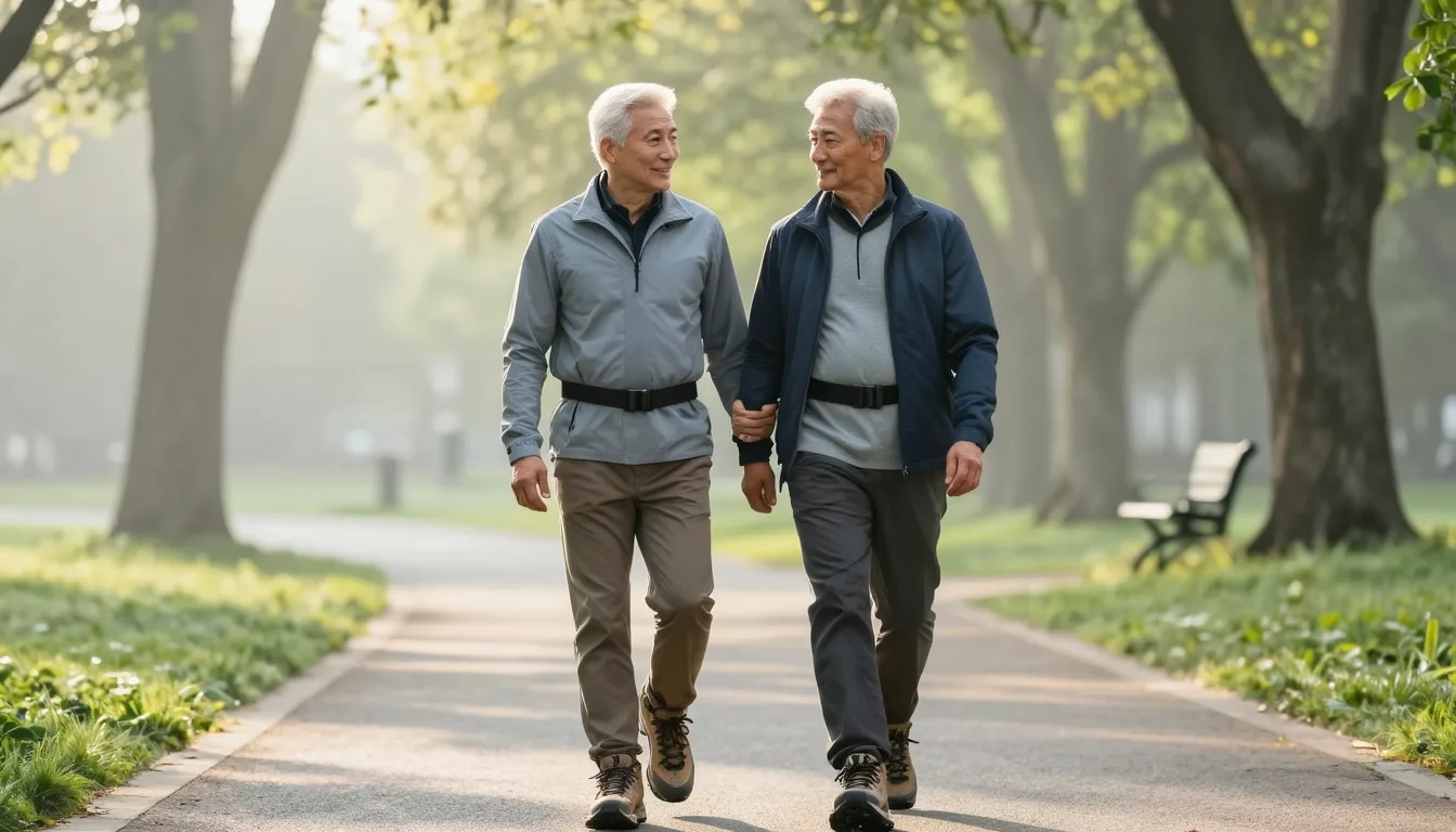 Older couple walking together on a tree-lined park path