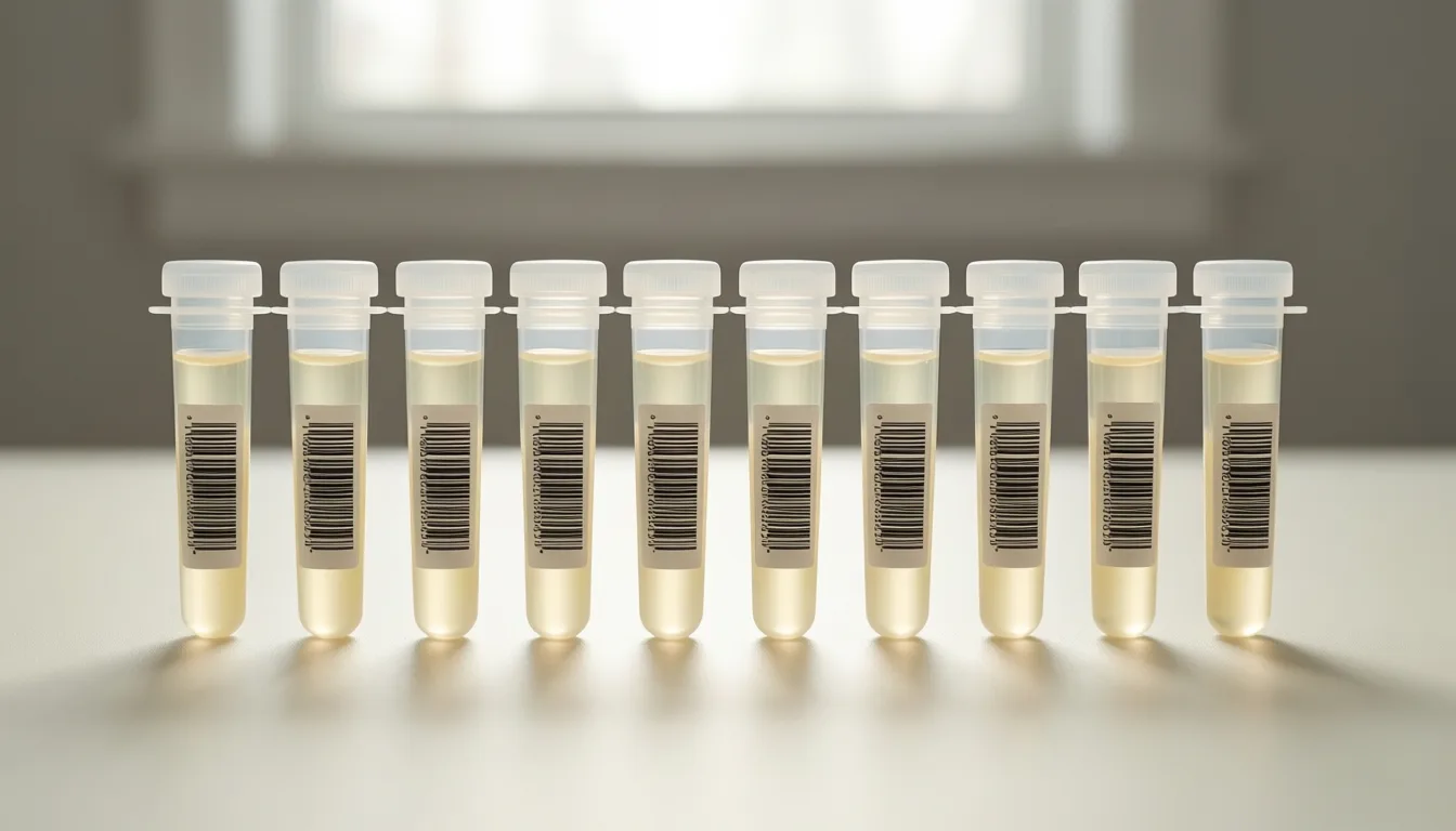 Saliva collection tubes lined up on a pale surface