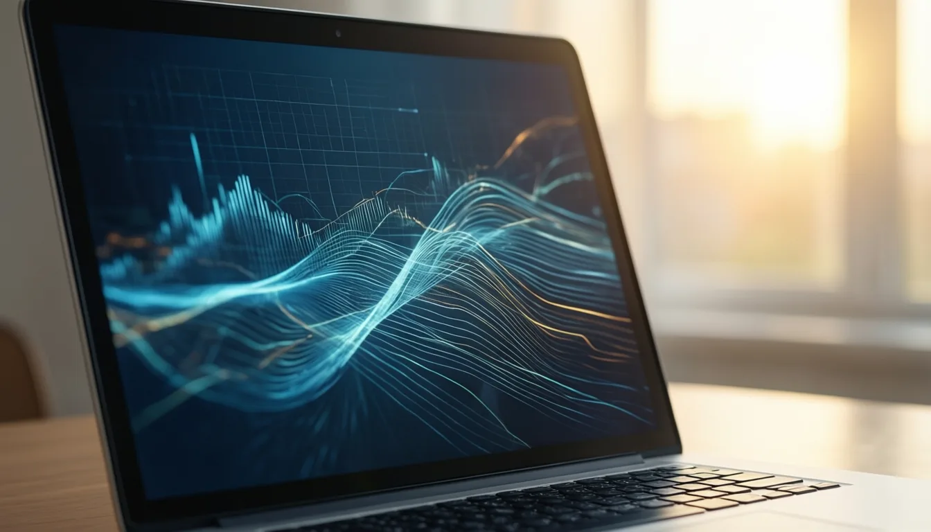 A blurred dashboard showing line graphs on a laptop screen
