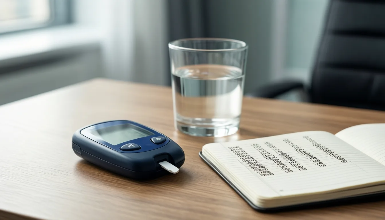 A glucose meter and notebook on a desk