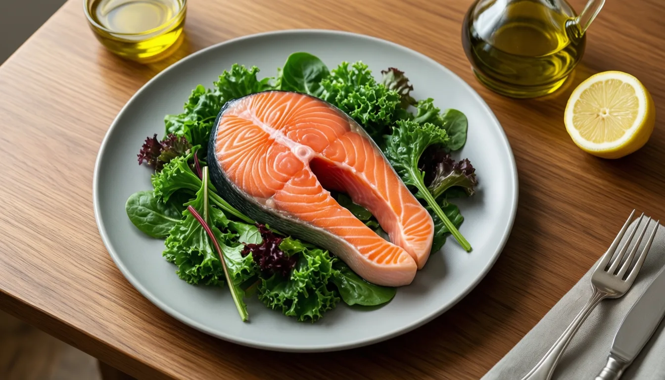 A heart-healthy meal of greens, salmon and olive oil.