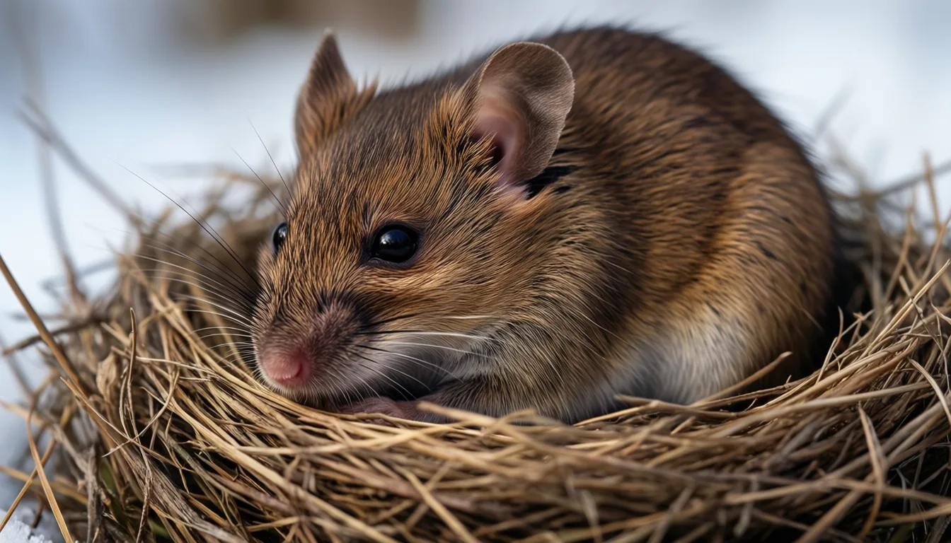 A small mouse asleep in a nest of dry grass