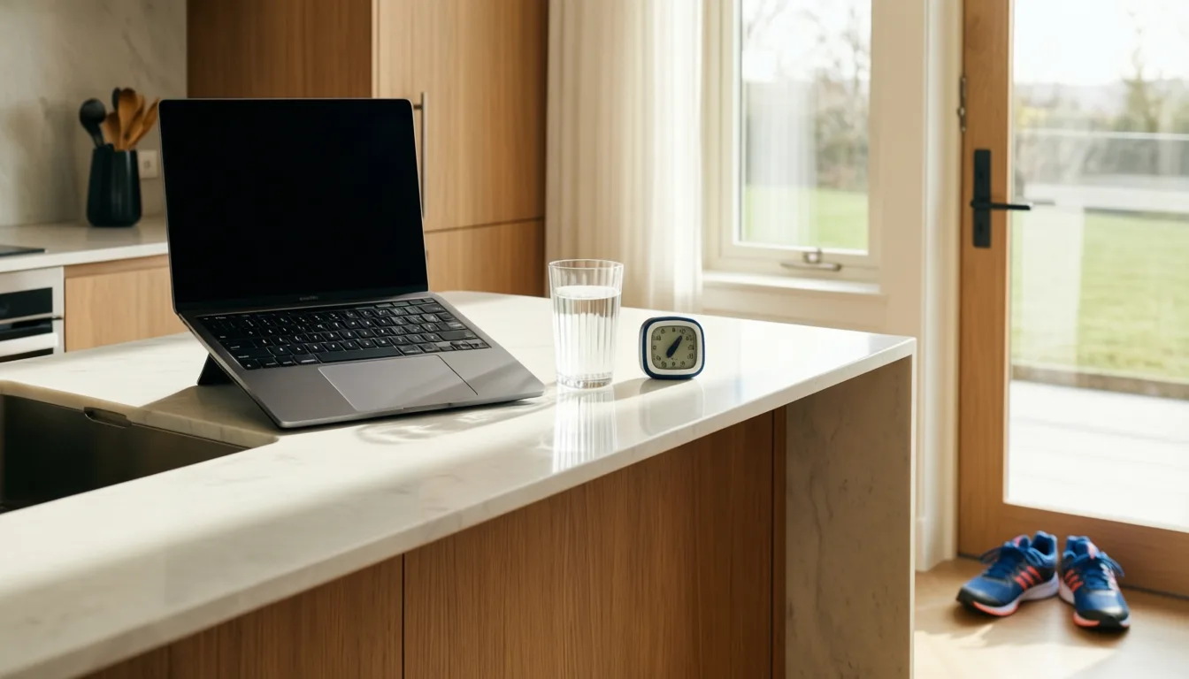 A standing workstation set up at a kitchen counter beside a timer and running shoes