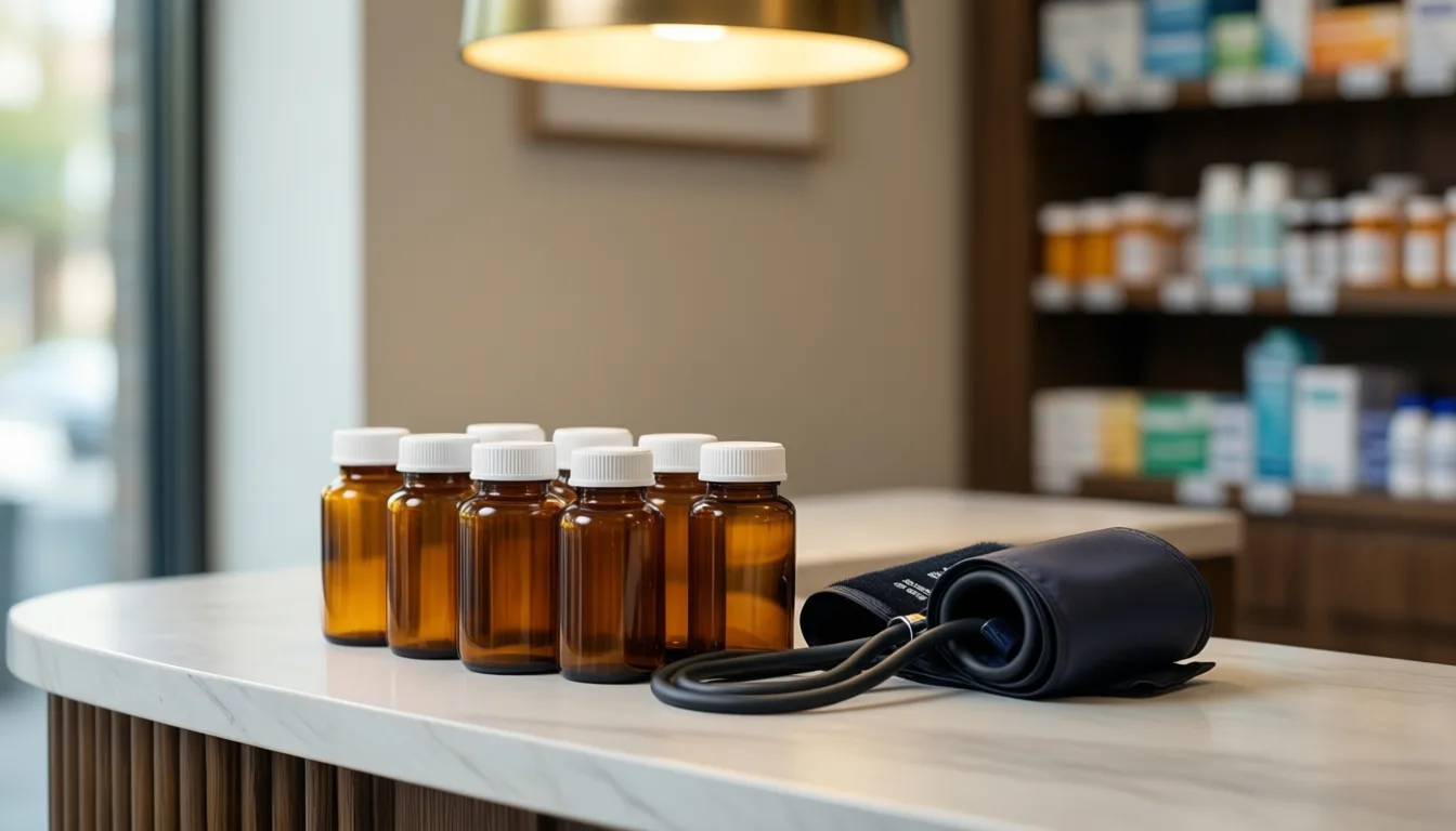 Pharmacy counter with prescription bottles and a blood-pressure cuff