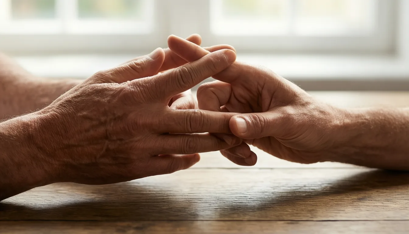 Close-up of hands performing an asymmetrical finger coordination exercise