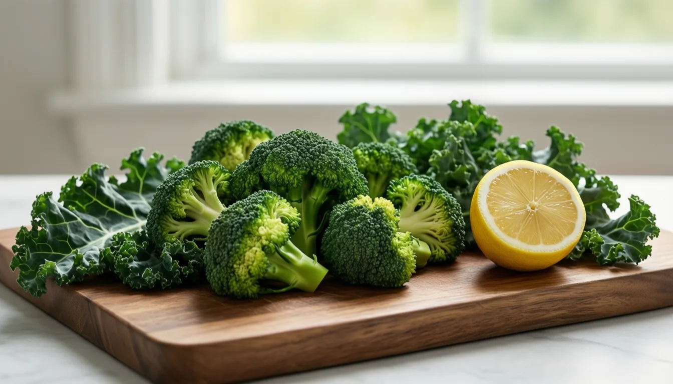 Cruciferous vegetables and citrus on a cutting board