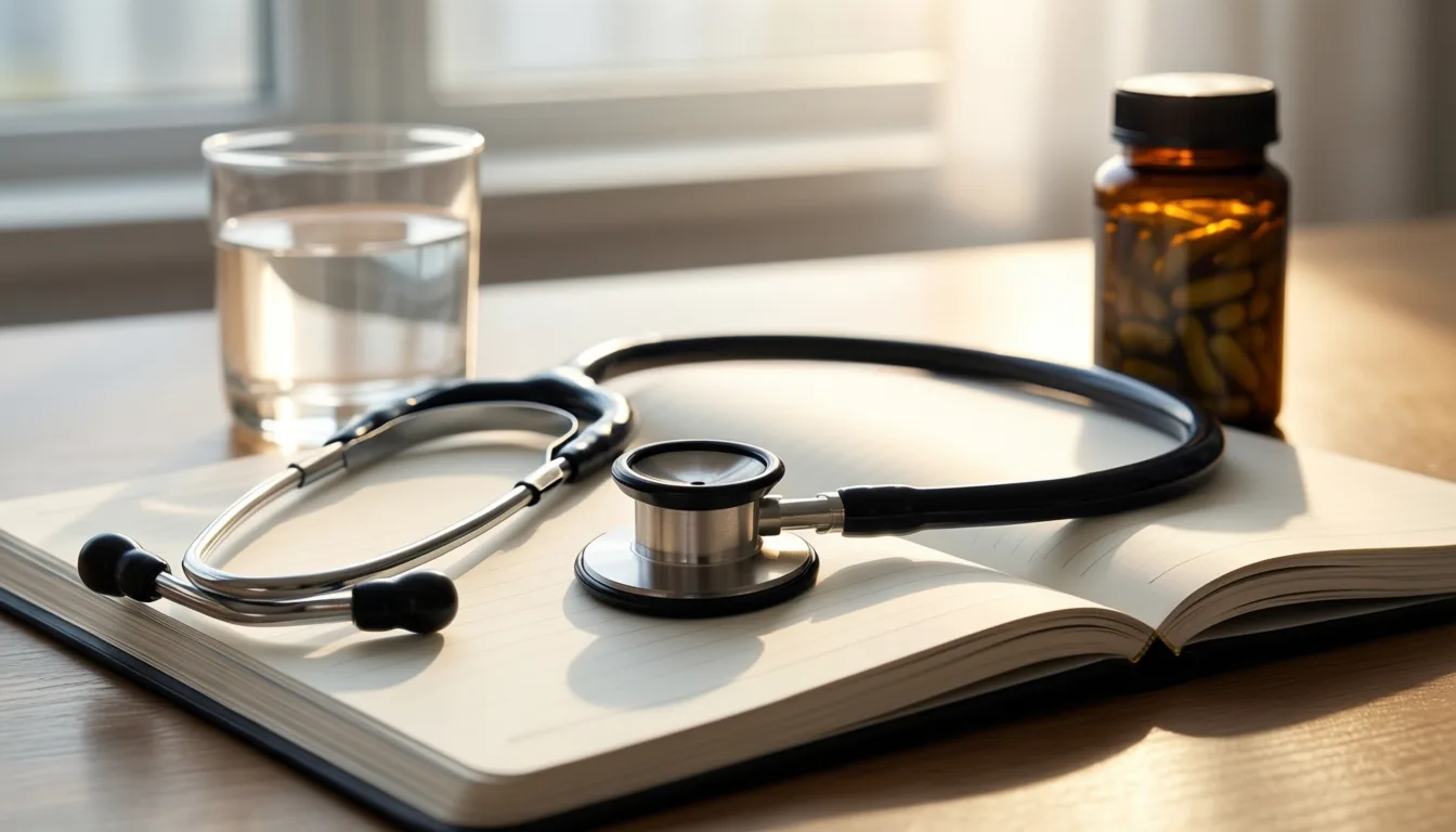 Stethoscope, notebook, and supplement bottle on a desk