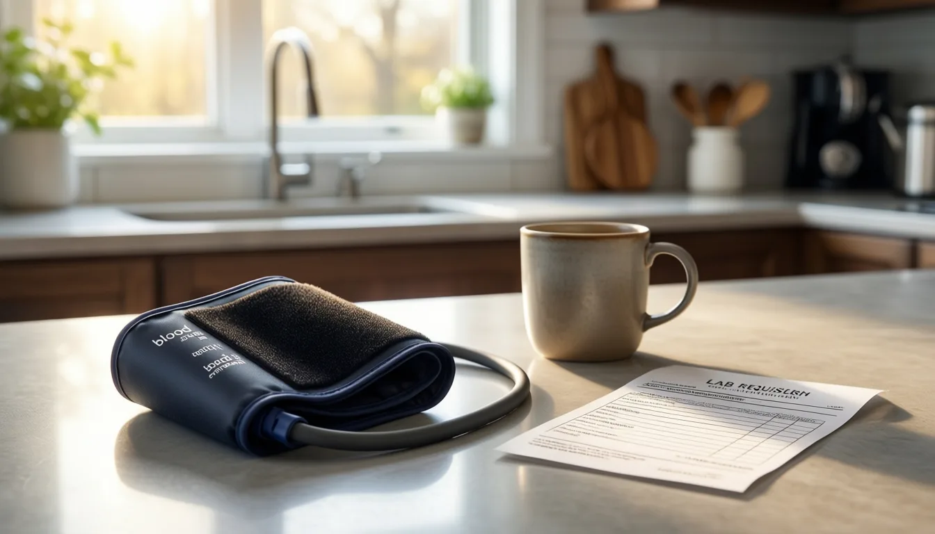 Home blood pressure monitor and lab slip on a kitchen counter