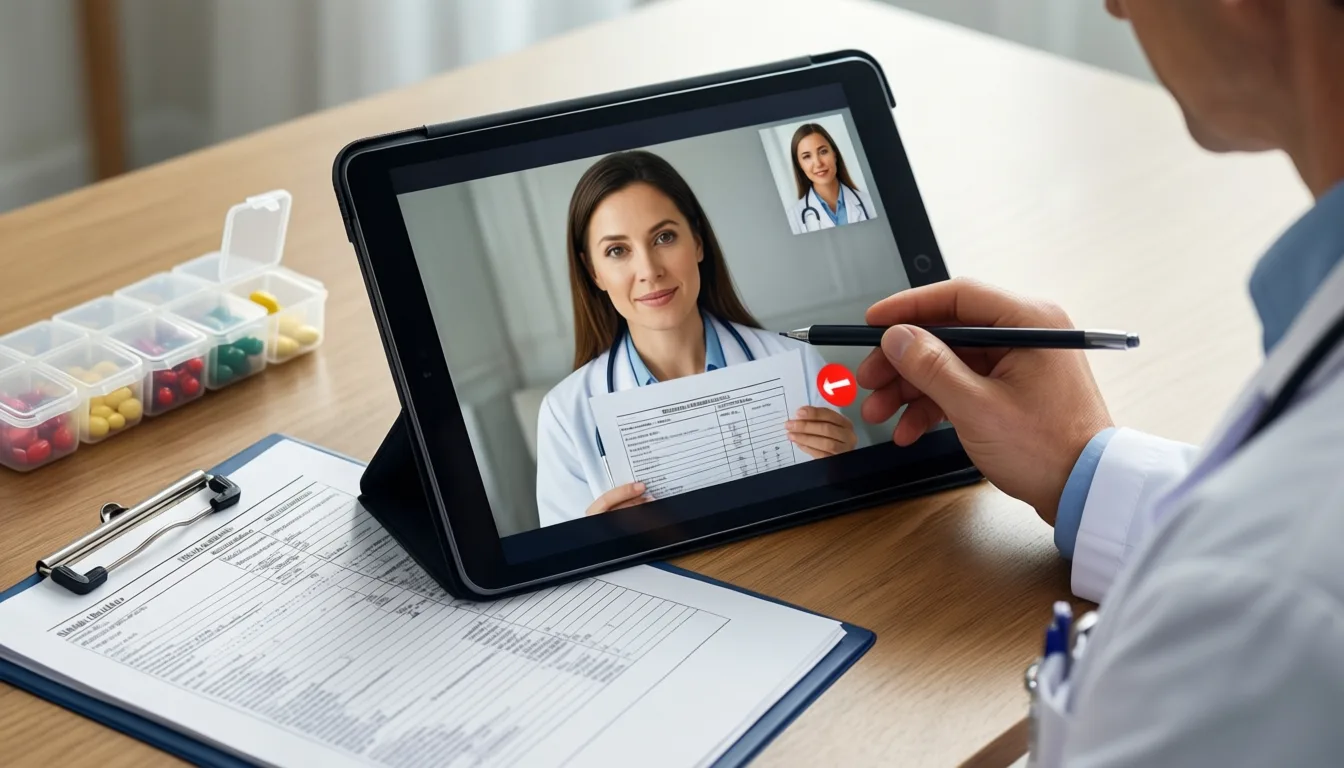 Cardiologist on a video consultation reviewing a lab report