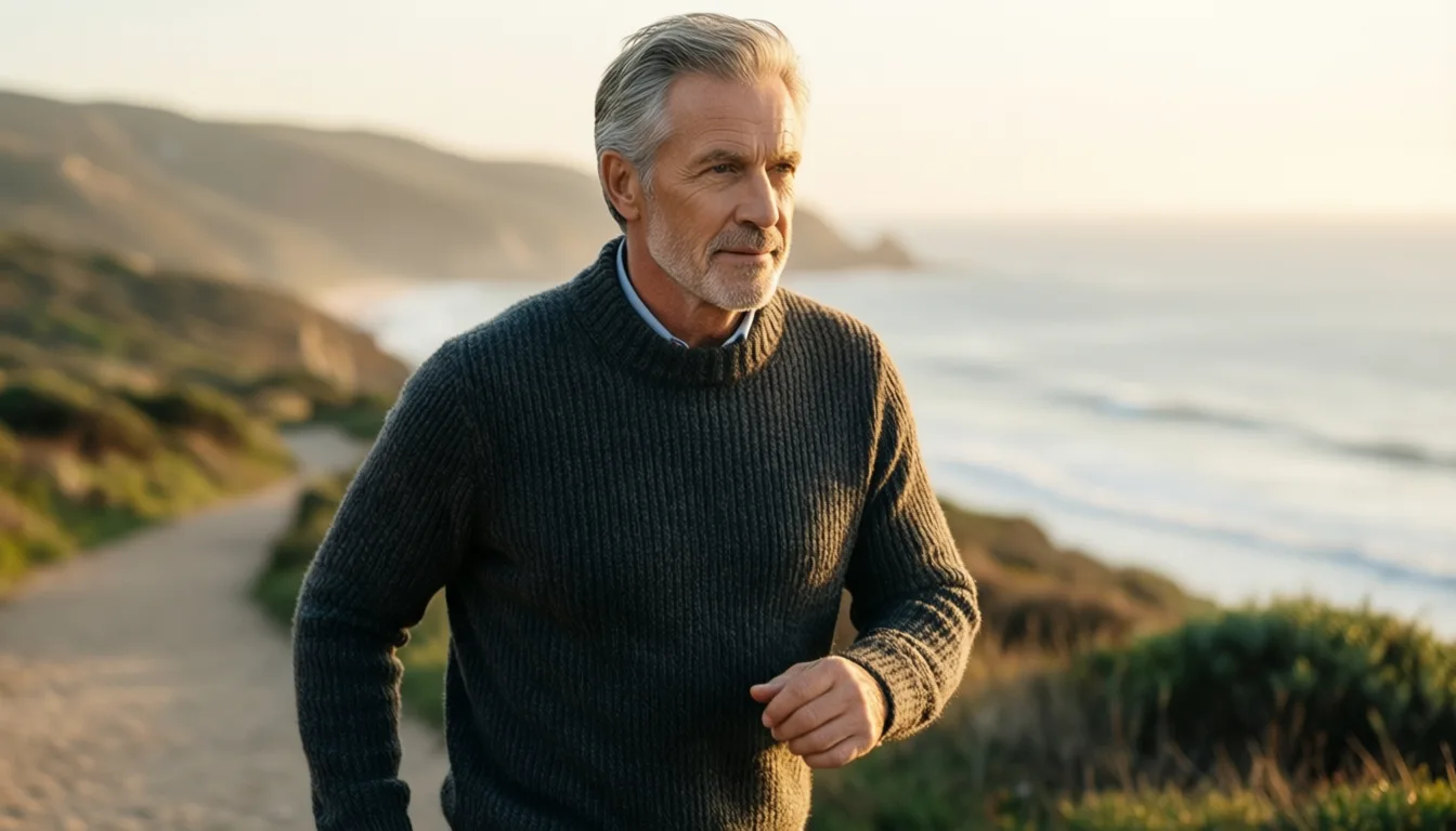 An older man walking briskly along a coastal path