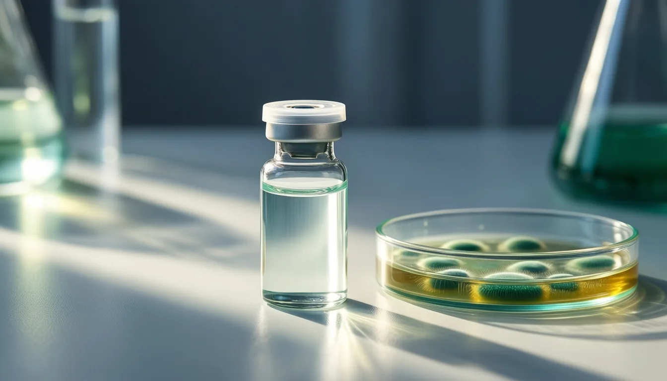 vial and petri dish on a lab bench