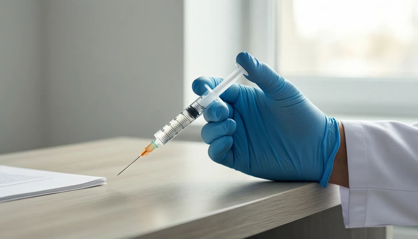 A gloved hand drawing up a small syringe
