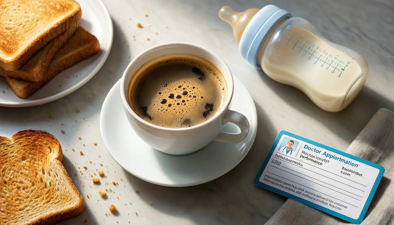 A cluttered morning kitchen counter with coffee, a baby bottle, and a doctor's appointment card